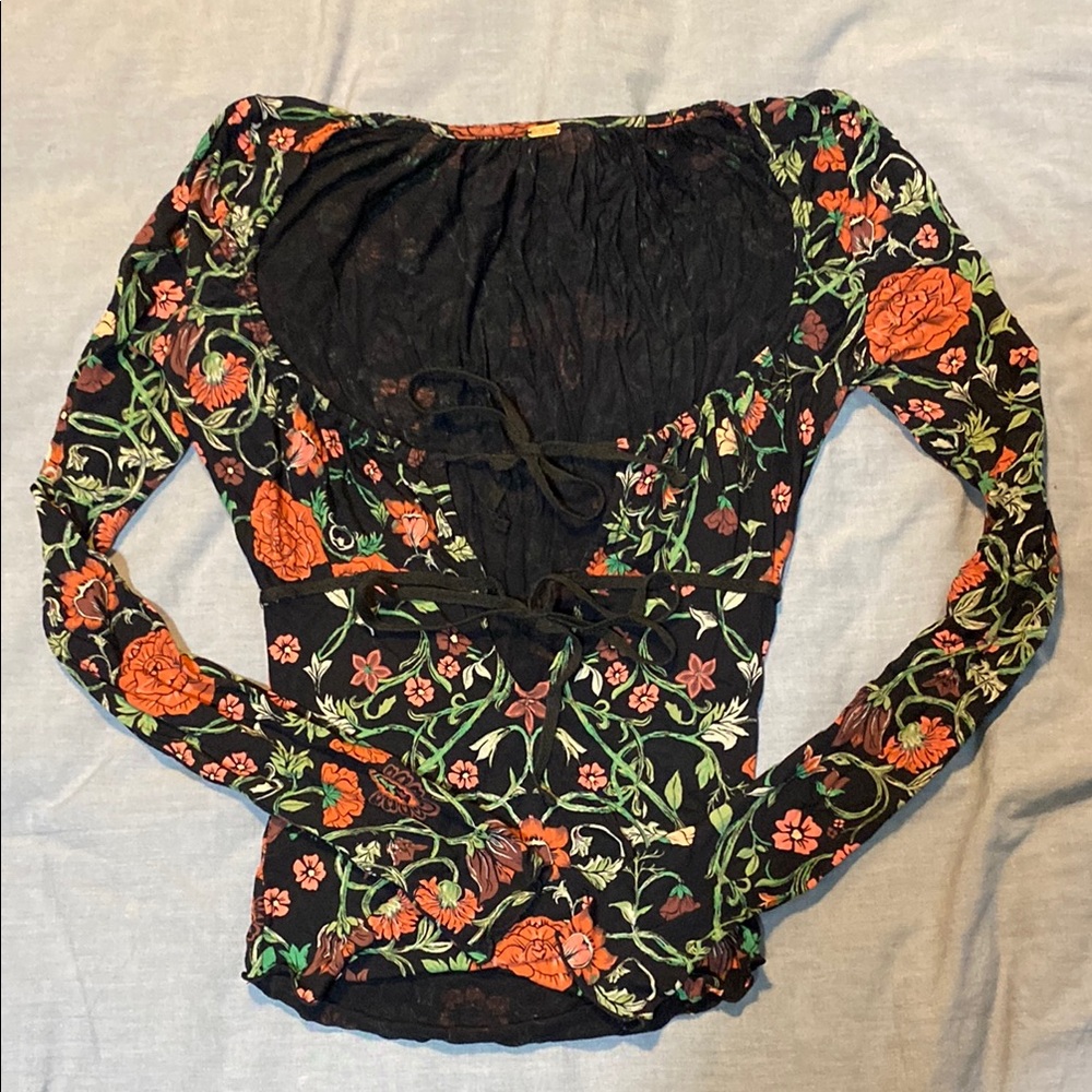 Floral Black Top with Orange Accents